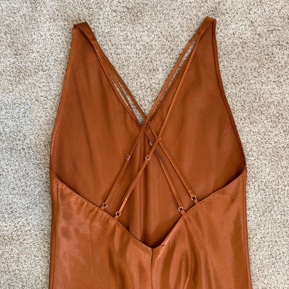 Frederick’s of Hollywood Burnt Orange Satin Slip Dress Maxi Strapy Sexy Large - Picture 5 of 9